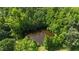 Aerial view of a tranquil pond surrounded by lush trees and greenery at 526 Bob Rainey Trl, Burlington, NC 27217