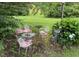 Outdoor seating area offers decorative chair and table set amongst trees and garden at 526 Bob Rainey Trl, Burlington, NC 27217