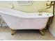 Close-up of a clawfoot tub with pink speckled detail, brass legs, and vintage fixtures at 526 Bob Rainey Trl, Burlington, NC 27217