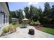 Beautiful backyard featuring a stone patio, lush landscaping, and mature trees at 615 Sampson St, Raleigh, NC 27609