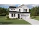 Charming white two-story home with black roof, a black front door, two-car garage, and green grass at 160 Sprenger St, Garner, NC 27529