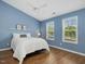 Bright bedroom with a ceiling fan and two windows providing natural light at 2021 Rivergate Rd # 102, Raleigh, NC 27614
