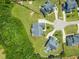 Aerial view showcasing neighborhood, large lots, cul-de-sac, and lush landscaping at 216 Tarkenton Ct, Clayton, NC 27527