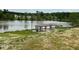 Scenic lake view featuring shaded seating areas near the water's edge at 3403 Cardinal Lake Dr, Durham, NC 27704