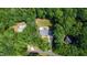 This aerial shot captures the home nestled among mature trees, emphasizing seclusion and a lush, serene atmosphere at 1006 Oxford Ridge Rd, Wake Forest, NC 27587