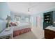 Charming bedroom featuring soft blue walls, plush carpet, and a full bed with delightful vintage accents at 1009 Bentham Dr, Raleigh, NC 27614