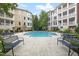 Tranquil community pool area with lounge chairs, manicured landscaping, and surrounding buildings at 2813 Market Bridge Ln # 104, Raleigh, NC 27608