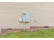 Home exterior shows utility meter, access panel, and brick foundation with vents at 54 Lockwood Dr, Clayton, NC 27527