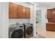 Convenient laundry room with modern washer and dryer units, and storage cabinets at 100 Donald Dr, Pittsboro, NC 27312