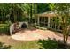 Brick patio featuring a grill and outdoor seating area, surrounded by trees and greenery at 100 Donald Dr, Pittsboro, NC 27312