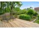 Backyard deck with patio chairs and lush greenery, perfect for entertaining at 20 Timberlyne Rd, Chapel Hill, NC 27514