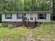 Single story home with brick foundation, light siding, blue shutters, and a small porch nestled in a wooded area at 3539 Charlies Ct, Wake Forest, NC 27587