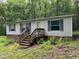 Single story home with brick foundation, light siding, blue shutters, and a small porch nestled in a wooded area at 3539 Charlies Ct, Wake Forest, NC 27587
