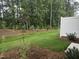A well-maintained backyard with lush green grass, mulched plant beds, and a partial fence for privacy at 2203 Lambert Rd # 67, Cary, NC 27519