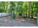 A wooded backyard features a perimeter fence, shed, mature trees and a ground covering of mulch at 100 Honeysuckle Ln, Cary, NC 27513