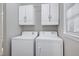 Functional laundry area with matching white washer and dryer set and overhead storage cabinets at 100 Honeysuckle Ln, Cary, NC 27513