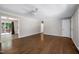 Spacious living room with hardwood floors and access to the deck at 100 Honeysuckle Ln, Cary, NC 27513