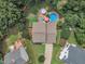 Aerial view of a charming neighborhood featuring private pools, lush trees, and well-manicured lawns at 102 Lake Meadow Dr, Apex, NC 27502