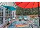 Inviting backyard deck with lounge chairs, bar stools, outdoor seating, and an orange flamingo area rug at 102 Lake Meadow Dr, Apex, NC 27502