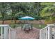 Backyard patio with outdoor table and chairs, complete with privacy fence and colorful decor at 102 Lake Meadow Dr, Apex, NC 27502