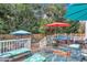 A charming pool deck offers lounge seating and dining by the above-ground backyard pool at 102 Lake Meadow Dr, Apex, NC 27502