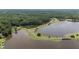 Expansive community lake aerial view surrounded by lush green landscape, and winding roads at 1051 Upland Reach, Sanford, NC 27332