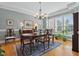 Dining room with hardwood floors, chandelier and bright light from surrounding windows at 1149 The Preserve Trl, Chapel Hill, NC 27517