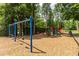 Community playground with swings, picnic tables, and play structures on a wood chip surface surrounded by trees at 1149 The Preserve Trl, Chapel Hill, NC 27517