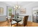 Elegant dining room with modern chandelier, large window, and stylish furniture for a perfect dining experience at 139 Trillium Pl, Chapel Hill, NC 27517