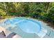 Inviting backyard pool with lush green privacy landscaping, and ample deck space for outdoor enjoyment at 139 Trillium Pl, Chapel Hill, NC 27517