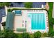 Aerial view of a clean community pool area with ample lounge chairs and a clubhouse nearby at 2001 Turtle Point Dr, Raleigh, NC 27604