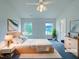 Bright main bedroom featuring a ceiling fan, and two windows that provide natural light at 308 Quartz Dr, Durham, NC 27703