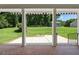 Covered patio with brick flooring and a view of the lush green backyard and surrounding trees at 311 Rassie Crabtree Rd, Rougemont, NC 27572