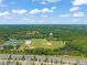 Aerial view showcasing the community's layout, including homes, ball field, and nearby lake at 336 Skymont Dr, Holly Springs, NC 27540