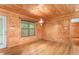 Dining room with wood ceiling, hardwood floors, and hanging light fixture at 7849 Circle L Trl, Rougemont, NC 27572