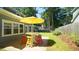 Patio area with a colorful seating and a yellow umbrella at 8201 Blue Heron Way, Raleigh, NC 27615