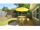 A bright yellow umbrella shades a colorful patio dining set at 8201 Blue Heron Way, Raleigh, NC 27615