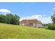 Expansive backyard with a brick house, lawn and green trees on a sunny day at 8415 Meadow View Ln, Bahama, NC 27503