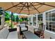Relaxing deck area with outdoor seating, plants, and a shade umbrella at 116 Berry Hill Dr, Raleigh, NC 27615