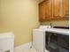 Functional laundry room with wooden cabinets, washer, dryer and sink at 230 Paula Dr, Angier, NC 27501