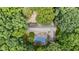 Aerial view of a house surrounded by dense trees, showcasing the roof, pool, and layout of the property at 2382 Council Rd, Graham, NC 27253