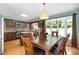 Eat-in kitchen featuring a dining table, pendant lighting, and stainless steel appliances overlooks the backyard at 2523 Lovette Ln, Graham, NC 27253