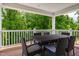 Covered patio featuring a patio table and seating for six with serene views of the lush backyard at 318 Rothbury Ct, Sanford, NC 27330