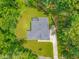 An aerial view of a home surrounded by trees, with a long driveway visible at 322 Scheer Ave, Durham, NC 27703