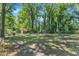 A large, treed backyard, includes a small red shed, offering ample green space on a sunny day at 3221 Ward Rd, Raleigh, NC 27604