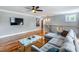 Comfortable living room with hardwood floors, sleeper sofa, and stylish table; also features a television at 405 Culvert St, Apex, NC 27502