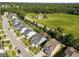 An aerial view of a residential neighborhood next to a large field and tree line at 427 Cedar Pond Ct, Knightdale, NC 27545