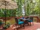 Outdoor deck featuring a dining table set with an umbrella and views of wooded backyard at 5536 Centipede Trl, Raleigh, NC 27610
