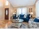 Cozy living room with a blue sofa, round coffee table, and hardwood flooring at 5536 Centipede Trl, Raleigh, NC 27610