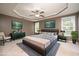 Staged main bedroom with decorative ceiling, furniture, and two mounted flat screen TVs at 642 Pinevalley Ln, Sanford, NC 27332